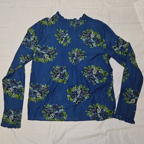 Lucky Brand Blouse Women’s XS Blue Floral Lace Trim Long Sleeve Boho Top Cottage - Picture 3 of 8